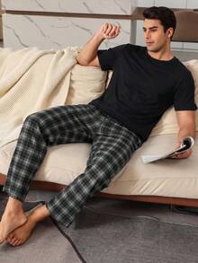 SHEIN Provexi Men's Solid Color Crew Neck Short Sleeve Top And Plaid Long Pants Casual Daily Home Wear Set - Black - View 9