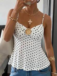 SHEIN EZwear توب كاميسول نسائي متنوع الاستخدام للارتداء اليومي، مزين بنقشة البولكا دوت المعدنية والطيات - أبيض - مشاهدة 4