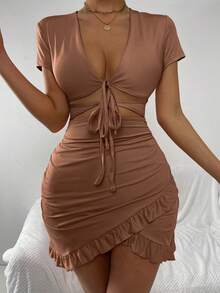 Allurite Sexy Tied Cutout Front Ruffle Trim Wrap Hem Dress - Coffee Brown - View 6
