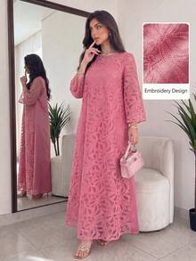 Al Najma Đầm dáng chữ A suông tay lỡ 3/4 cổ tròn thêu 3D dày dặn cho xuân/hè - Hồng - Xem 4