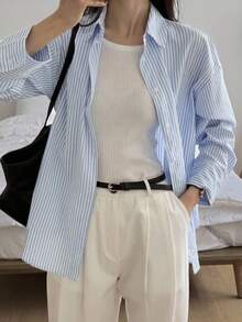 DAZY Fashionable Minimalist Versatile Long Sleeve Striped Shirt,Fall Women Clothes - Baby Blue - View 2
