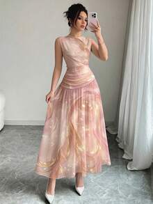 Modelyn Gold Pink Fluid Line Texture Pattern French Style Dress, Women's Fashion Low Neckline Sleeveless Waist-Cinching Long Dress, Ruched Cinched Waist Design, Summer Vacation Style, Daily Wear - Multicolor - View 4