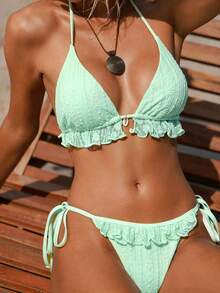 Swim Vcay Mod 2件式女款海灘度假淺綠色蕾絲荷葉邊下擺掛脖繫帶性感比基尼泳衣 夏季 - 綠色 - 查看 1