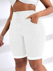 SHEIN SXY Plus Size Denim Wide Waistband Elastic Shorts - White - View 3