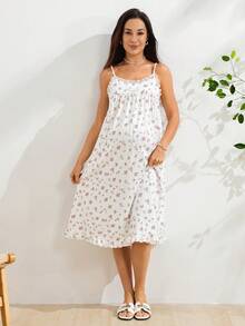 SHEIN French Ditsy Floral Camisole Nightgown, Lace Trim, Bow Decor, Loose Fit, Summer, Maternity Photoshoot, Loungewear, Dress White - Multicolor - View 5