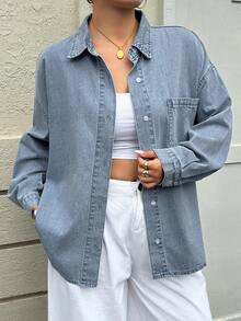 Dazy Plus Washed Distressed Denim Shirt With Collar And Buttons, Loose Casual Street Style Long Sleeve Plus Size Women Spring Summer Autumn - Light Wash - View 7