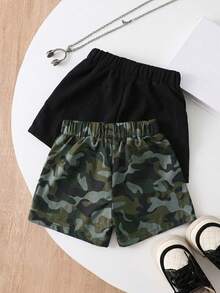 2pcs/Set Baby Boy Casual Camouflage & Black Shorts, Comfortable Versatile Shorts, Suitable For Daily Wear, Outdoor Sports And Spring/Summer/Autumn Seasons, Baby Boy Clothes Casual Shorts - Multicolor - View 2