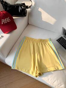 Comfortcana Plus Size Fashion Striped Side Color Block Casual Shorts - Yellow - View 7