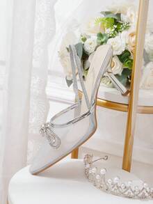 CUCCOO HITCHD Silver Rhinestone Bow Mesh Pointed Back Strap Stiletto Sandals, Banquet Party Wedding Bridesmaid Shoes - Silver - View 7