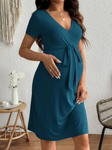 SHEIN 孕婦純色V領哺乳功能休閒日常穿著洋裝 - 水鴨藍 - 查看 3