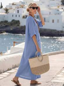 Breezaya Women's Solid Color Long Casual Vacation Dress Cornflower Blue Summer - Gray Blue - View 2