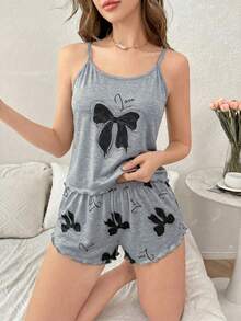 SHEIN Casual Underwear&Sleepwear 少女休閒粉色蝴蝶印花荷葉邊細肩帶背心與短褲睡衣套裝 - 彩色 - 查看 6