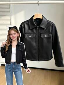 SHEIN Elladie kids Single Piece Girls' Retro PU Black Leather Jacket For Daily Commuting And Travel - Black - View 5