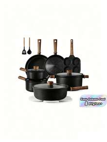 Black Titanium Alloy Cookware Set, Including A Non-Stick Pan, Pot, And Skillet, Suitable For Induction Cooktops And All Stoves. This Non-Stick Cookware Set Is Ideal For Pancakes, Eggs, Steaks, And More, Made From Lightweight And Portable Titanium Alloy Material. (Available In 13/16/18-Piece Sets And Individual Ceramic Pot) - View 1