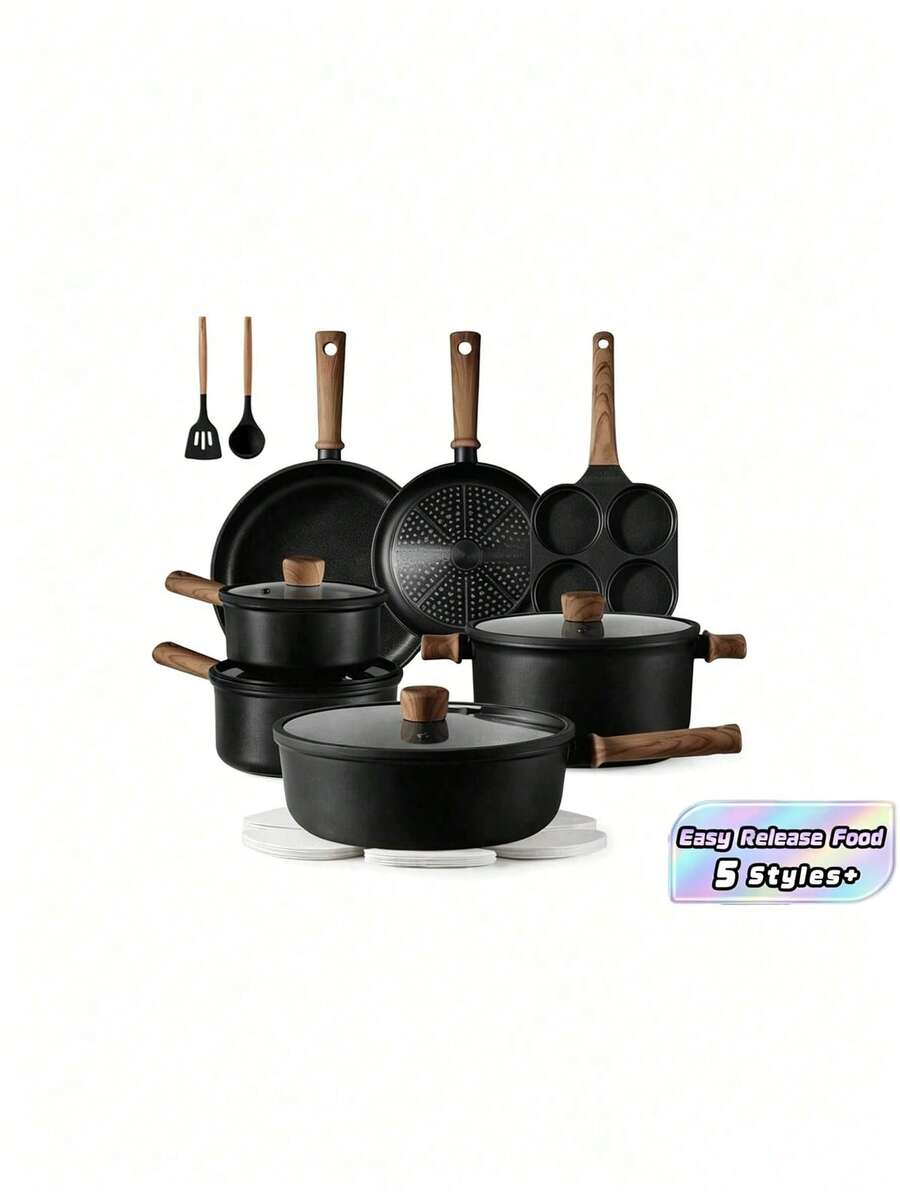 Black Titanium Alloy Cookware Set, Including A Non-Stick Pan, Pot, And Skillet, Suitable For Induction Cooktops And All Stoves. This Non-Stick Cookware Set Is Ideal For Pancakes, Eggs, Steaks, And More, Made From Lightweight And Portable Titanium Alloy Material. (Available In 13/16/18-Piece Sets And Individual Ceramic Pot) - View 1