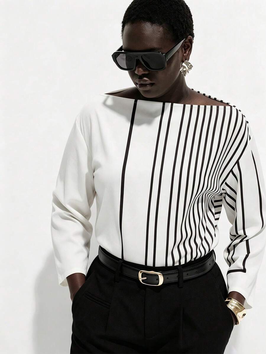 SHEIN Clasi Women's Fashionable Spring Summer Striped Print Shirt - White - View 1