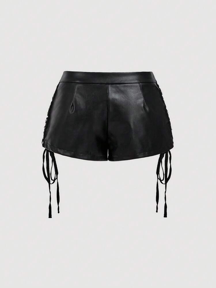 SHEIN MOD Black Vintage Glamour Palace Shorts,Cross-Tie Detail With Studded Accents,Western Wear,Holiday,Y2K Vibes,Summer Seductive Night Out Chic Shorts - Black - View 2