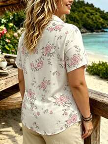 EMERY ROSE Plus Size Women's Woven Printed Casual Resort Women's Summer Shirt - Apricot - View 2