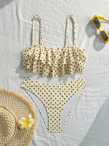 Swim Mod Women's Summer Beach Polka Dot Spaghetti Strap Bikini And Triangle Bottom Two-Piece Swimsuit Set - Pale Yellow - View 2