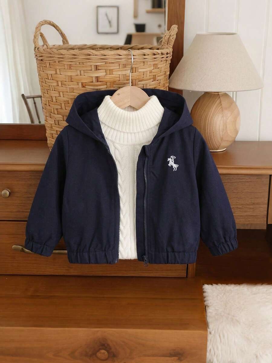 SHEIN Playful Pals One Piece 男嬰休閒刺繡連帽拉鍊單袖夾克 春/秋季外出穿著 - 寶藍色 - 查看 1