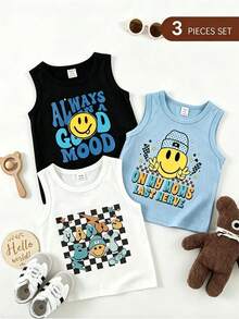 SHEIN Playful Pals 3件組 嬰兒臉部字母印花圓領休閒背心上衣 夏季，男嬰背心上衣，嬰兒夏季背心上衣，嬰兒T恤，男嬰臉部背心上衣，幼兒背心上衣，男嬰上衣 3件組 - 彩色 - 查看 8