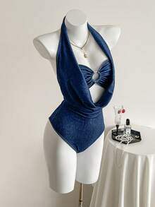 SHEIN Women's Knitted Denim Sexy Hollow-Out Jumpsuit - Blue - View 7