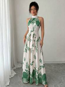 Rafferiza Abito elegante da donna stile vacanza con scollo all'americana, stampa di foglie di palma color albicocca, senza maniche, schiena scoperta, con laccio, abito lungo estivo, abito da spiaggia per vacanze - Verde Scuro - Visualizzare 4
