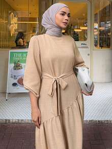 DAZY Women's Casual Modest Elegant Long Sleeve Lantern Sleeve Beige Color Cinched Waist Patchwork Hem Loose Fit Long Dress, Autumn Everyday Daytime - Apricot - View 5