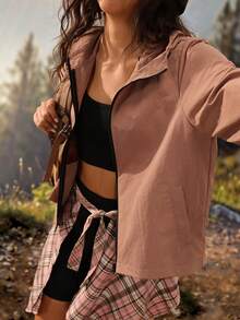 Exploreva Exploreva Women's Hooded Outdoor Sports Casual Modest Softshell Jacket Traveling Black Autumn Camping Outfit - Brown - View 10