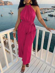 Slaydiva Mono de cuello halter de unicolor talla grande para vacaciones y uso casual - Rosa Fucsia - Ver 4