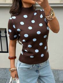 Siren Gaze Women's Brown Polka Dot Turtleneck Short-Sleeved Wool Knit Top Suitable For All Seasons World Cup Brunch Everyday Summer Casual French Retro High Tea - Brown - View 4