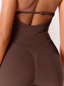 Musera Sport Ruched Padded Halterneck Scrunched Active Playsuit Sport Workout Gym Cute Pilates Fitness Daily Girly Casual Summer - Brown - View 2