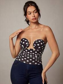 Silquee Women's Polka Dot Ruched Fitted Versatile Date & Outing Tube Top Polka Dot Mesh Top Women's Social Blouse  Social Tops For Going Out  Polka Dot Tops - Black - View 6