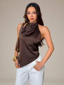 SHEIN PETITE Damen Sexy Rückenfrei Neckholder Top, Elegant für Party, Pendeln und Urlaub, Sommer,Sommer Top,Petite Frauen - Braun - Übersicht 4