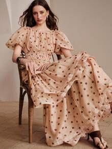 SHEIN 2026 Elegant Women's Dress, Suitable For Dating, Daily, Casual, Beach Vacation, Party And More. Minimalist And Versatile Women's Skirt, Solid Color Design, Waist-Flattering With Ruffle Hem, Made Of Woven Fabric. Perfect For Outings, Holidays, And Vacation Wear. - Apricot - View 1