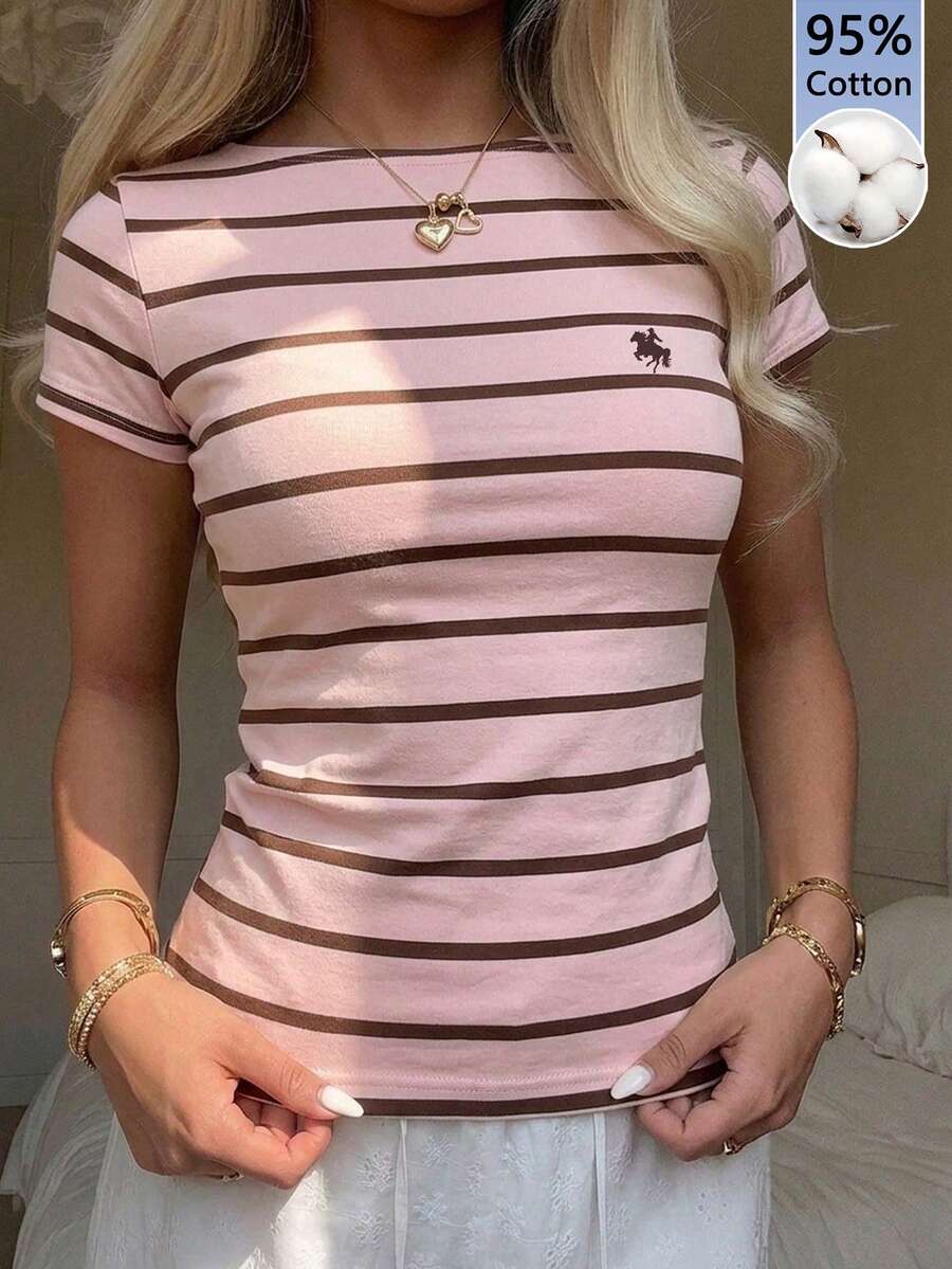 CovetEZ 女款休閒修身短袖T恤,女款夏季服飾,休閒穿搭,外出穿搭,條紋T恤,Y2K,度假穿搭,海灘穿搭,街頭風,適合日常通勤、約會、派對、秋冬、夏季、聖誕節、新年、感恩節、派對、婚禮、海灘、畢業典禮,優雅 - 彩色 - 查看 1