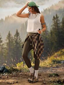 Exploreva Women's Casual Modest And Fitness Tight Leggings,Provides Lateral Movement, Leg Protection And Support Side Pocket Hiking Olive Green Trail Run Outfit - Green - View 8