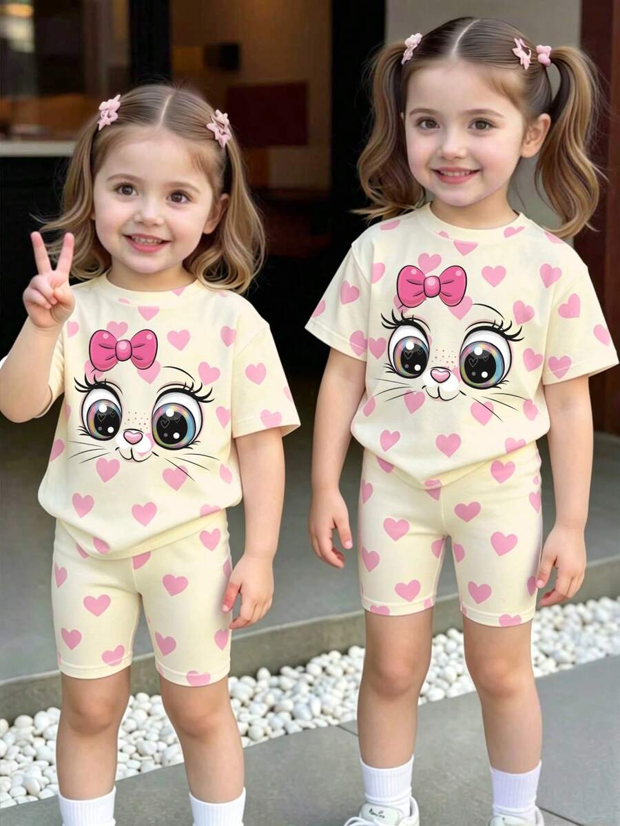 Baby Girl Fresh Cute Cartoon Cat Pink Bow Beige Bottom Pink Heart Pattern Basic Short T-Shirt And Biker Shorts Set, Comfortable Daily Sports Outfit - Multicolor - View 1