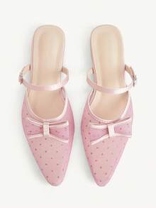 CUCCOO CHICEST Polka Dot Mesh Bow Pointed Slippers Women's New Flat-Bottomed Mueller Shoes Fall Shoes - Pink - View 1