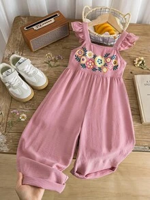 SHEIN Kids Young Girl Woven Floral Print Ruffle Strap Casual Jumpsuit - Pink - View 4