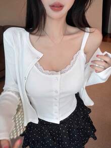 DAZY 女款兩件套：對比蕾絲細肩帶上衣與短版長袖上衣，春/秋季 - 白色 - View 1