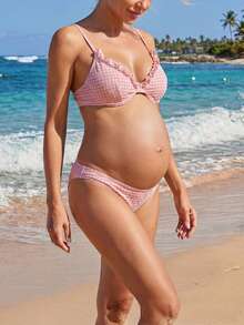 SHEIN 26SS Summer Beach Vacation Yellow Ruffle Textured Fabric Maternity Swimwear Set - Pink - View 6
