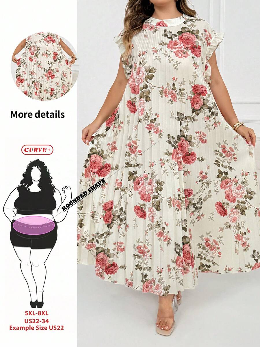 SHEIN CURVE+ فستان نسائي مقاس كبير مطبوع بنقوش بدون أكمام - لون مشمشي - مشاهدة 1
