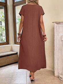EMERY ROSE Vestido corto de manga corta sencillo y diario para mujer de unicolor - Café integral - Ver 2