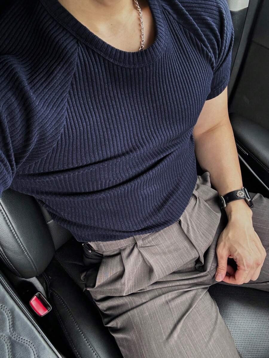 DAZY 男士短袖藍色羅紋紋理彈性面料夏季T恤 - 藏蓝色 - 查看 1