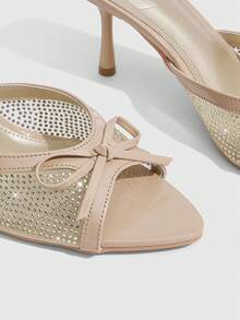 CUCCOO SZL Sandales à talons hauts pour femmes avec bout pointu, maille abricot, perles chaudes et nœud, élégantes et à la mode, sandales ouvertes pour femmes - Nude - Voir 5