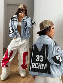 StreetHx Chaqueta vaquera de mujer con bloqueo de color y bordado de letras - Multicolor - Ver 1