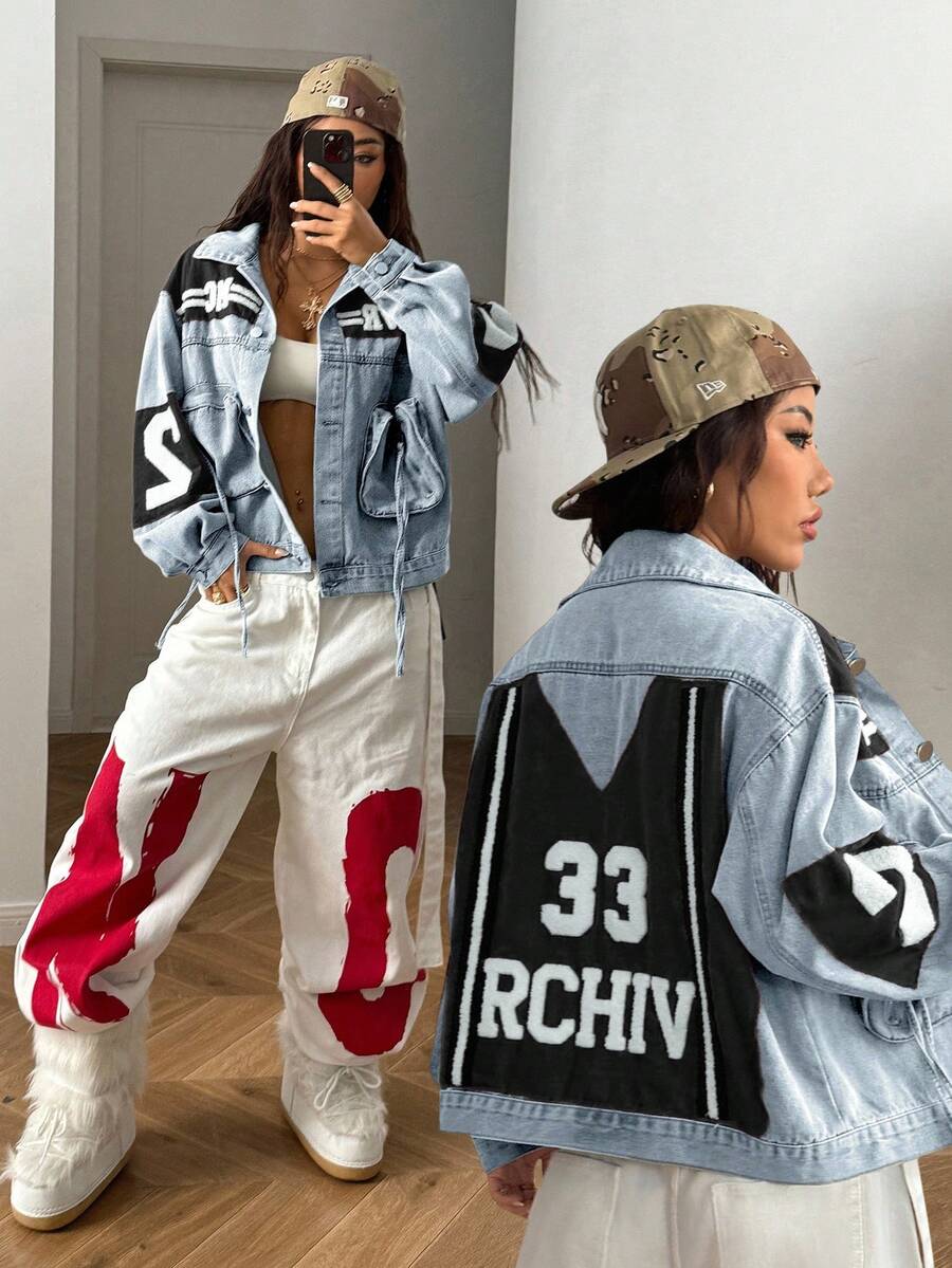 StreetHx Chaqueta vaquera de mujer con bloqueo de color y bordado de letras - Multicolor - Ver 1