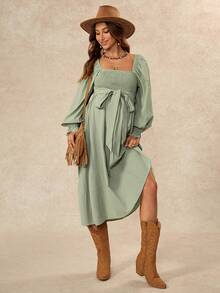 Boho Mama Maternity Solid Color Twisted Design Long Sleeve Elegant Maternity Casual Dress Beach Photoshoot Photoshoot Sage Green Autumn Fall - Green - View 10