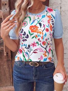 EMERY ROSE Vacation Style Floral Patchwork Top, Striped Puff Sleeve Crew Neck Lightweight Blouse - Multicolor - View 1